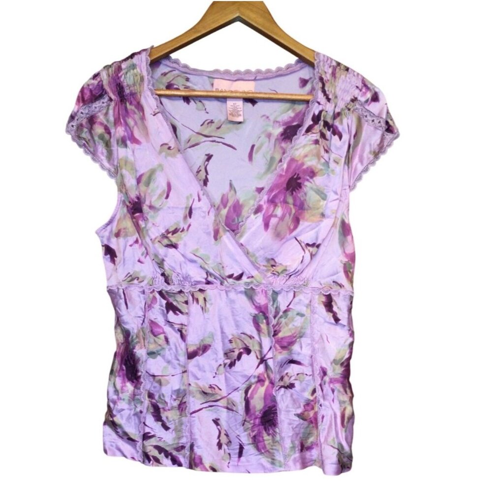 Y2K Bandolino Womens Silk Floral Babydoll Top Size 12 V Neck Cap Sleeves Lace
